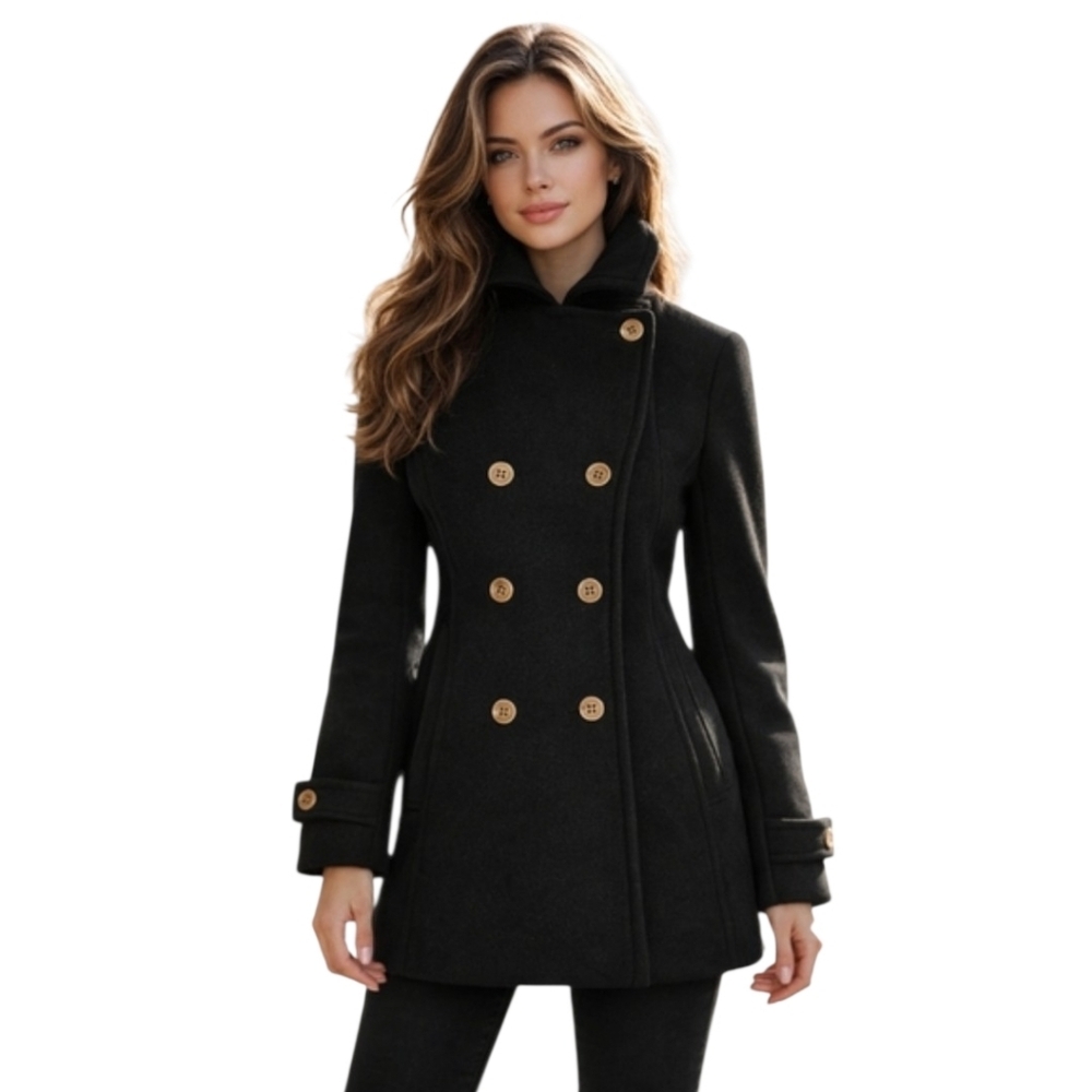 Lands' End Black Pea Coat Anchor Buttons Nautical Coastal